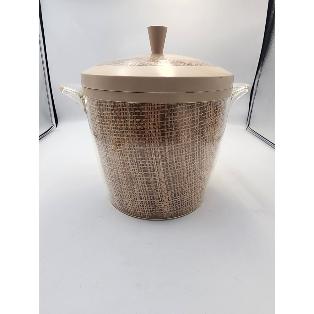 Vintage Mid Century Modern Insulated Ice Bucket Burlap Woven Texture Tan Lid